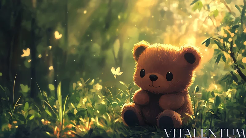 Luminous forest teddy rendered in soft volumetric backlight.