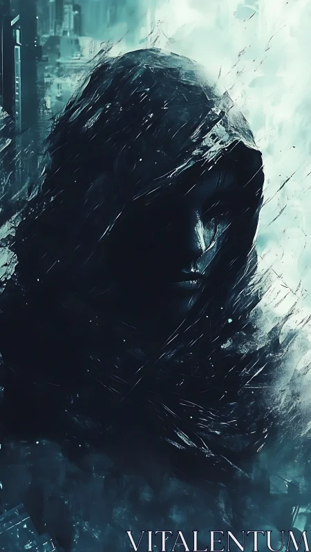 Cyberpunk cloaked figure in fragmented neon haze composition.