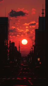 Crimson city sunset swallowing the road to the tower.