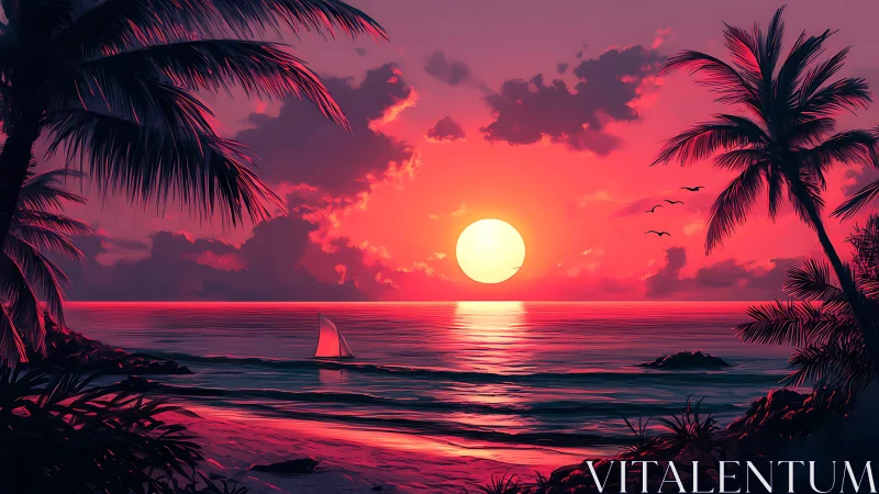 Digital seascape shows stylized sunset over palm coast