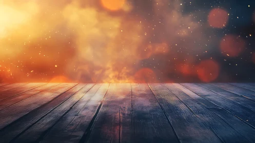 Wooden Deck at Sunset with Glowing Particles.
