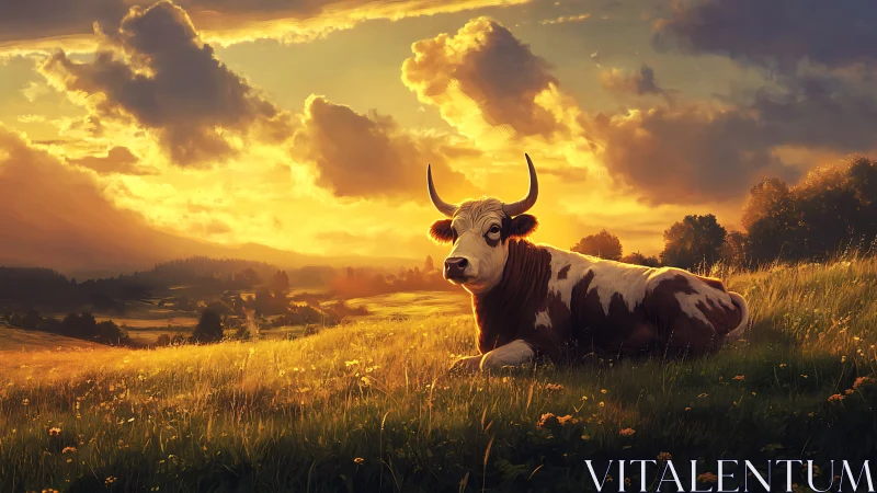 Golden hillside sunset with a calm resting country cow.