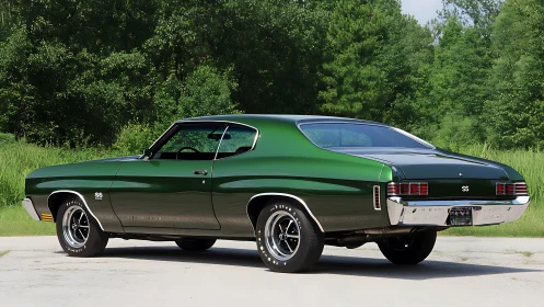 Green classic Chevrolet Chevelle SS coupe is parked outdoors
