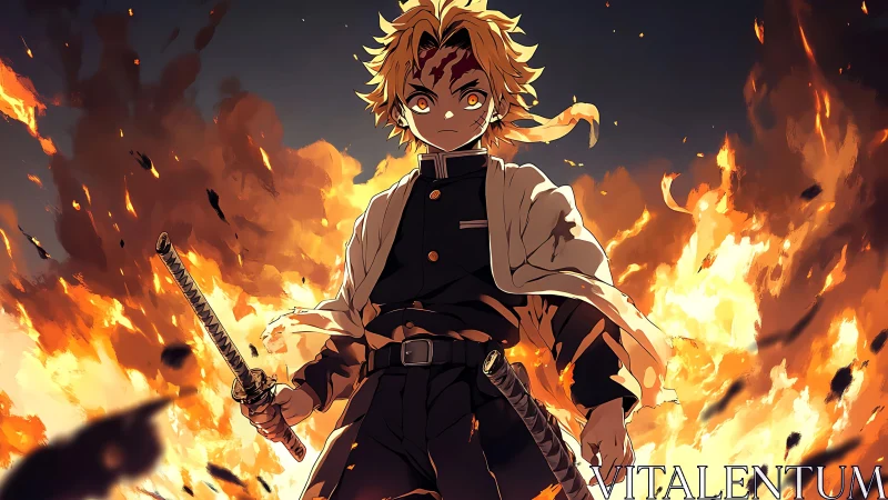 Sword-wielding anime figure stands before large flame field