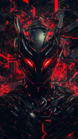 Cybernetic humanoid with red glowing eyes in darkness.