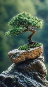 Bonsai tree on layered rocks against blurred green background.