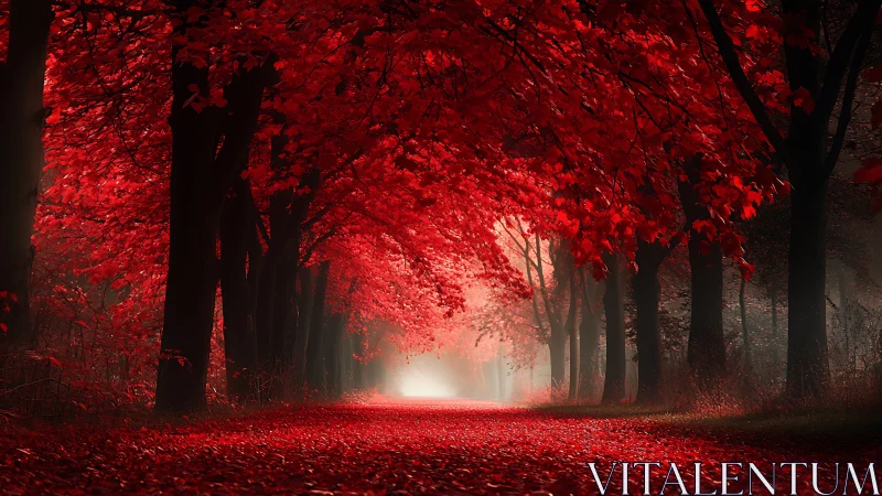 Red tree tunnel over forest path with distant light source.