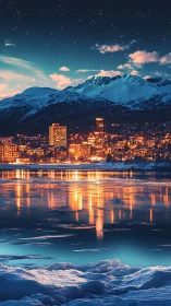 Golden city lights warmly embrace a serene snowy fjord