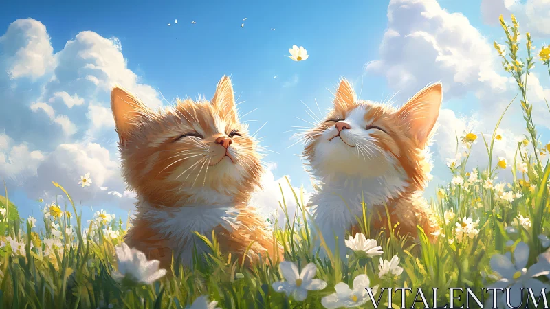 Two felids positioned in flowering meadow beneath blue sky