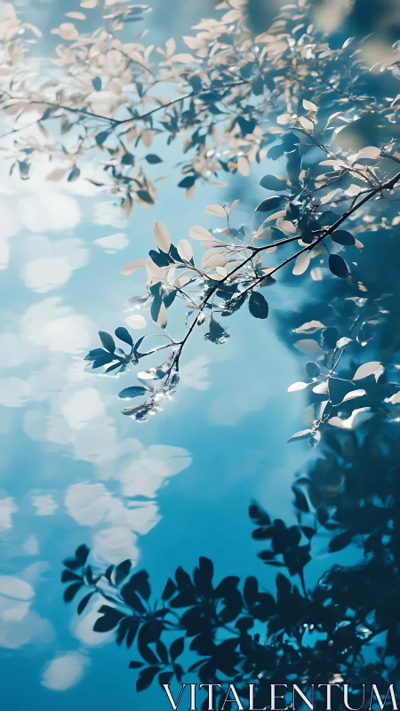 Branches and reflections drift across tranquil blue water.