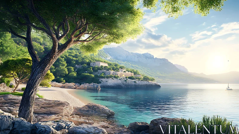 Mediterranean Coastline with Tree, Beach, Mountain.