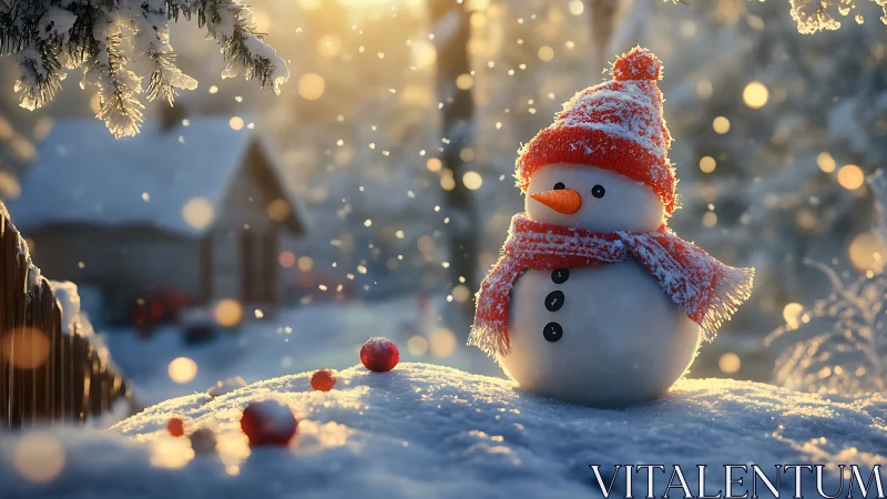 Snowman wearing red hat and scarf stands in snowy yard