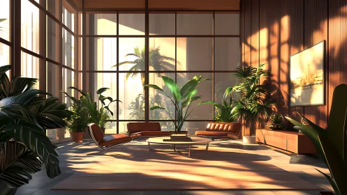 Sunlit Modernist Atrium with Tropical Greenery and Contemporary Furnishings.