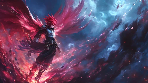 Crimson winged warrior ascending through cosmic stormscape.