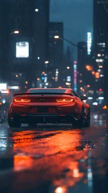Red sports car in rainy neon city with reflective streets.