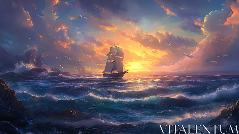 Sailing vessel crosses turbulent ocean under low sunset sky