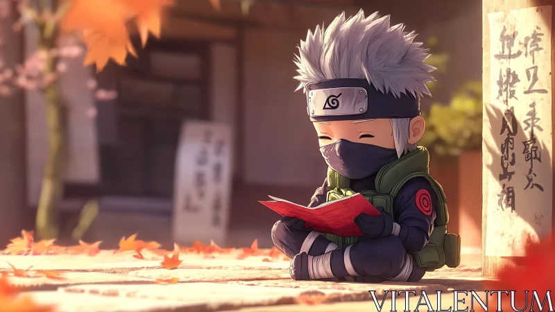 Tiny masked ninja savors a secret book beneath autumn leaves