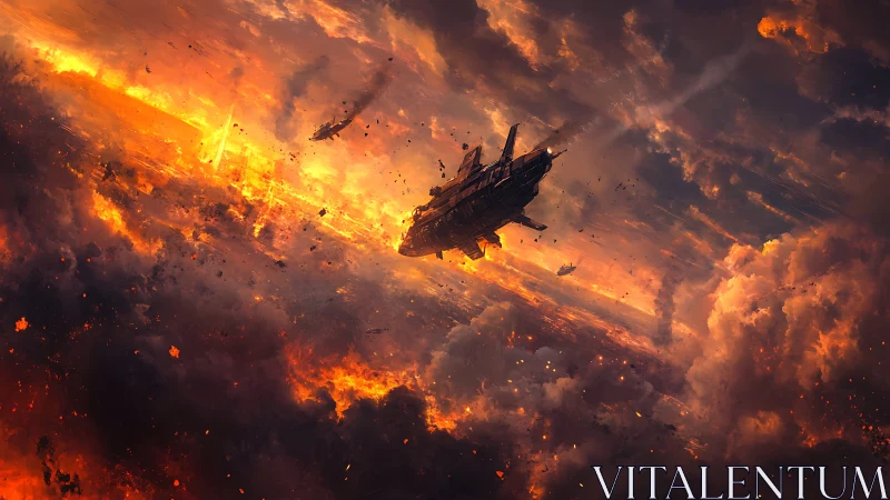 Burning sky battlefield with crashing futuristic warship.