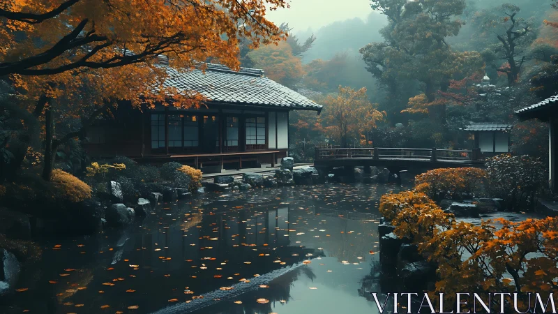 Autumnal Japanese courtyard pond with misted arbor bridge.