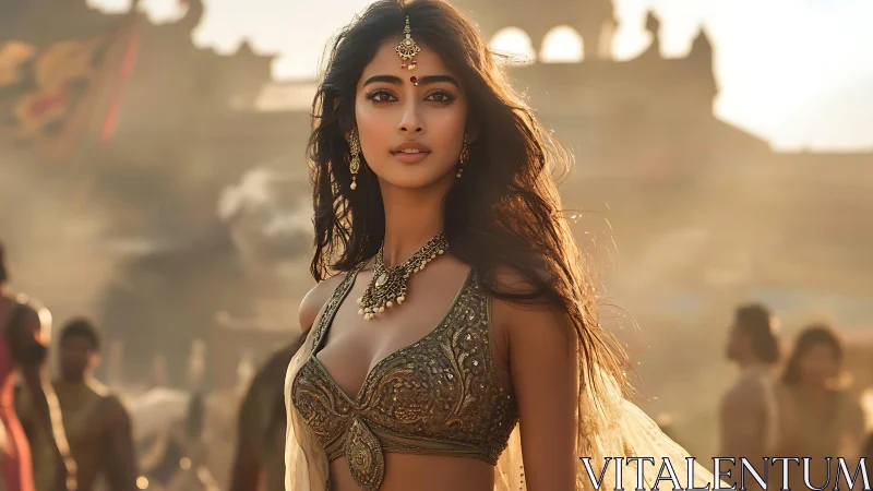 Woman in ornate Indian attire in sunlit outdoor scene.