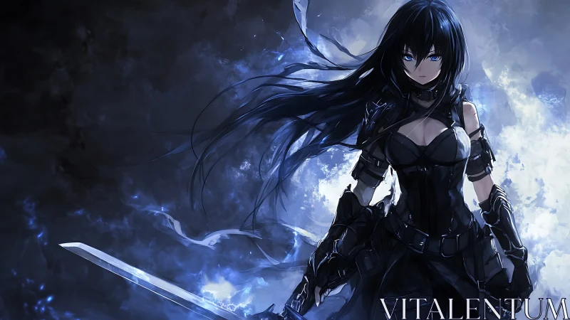 Anime warrior heroine in dynamic blue-contrast composition.