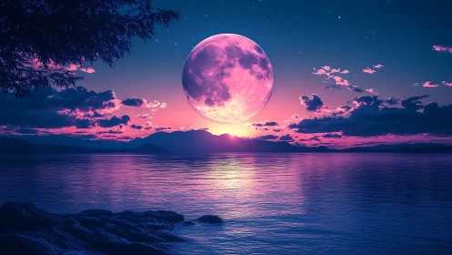 Neon lunar seascape with chromatic horizon and reflections.