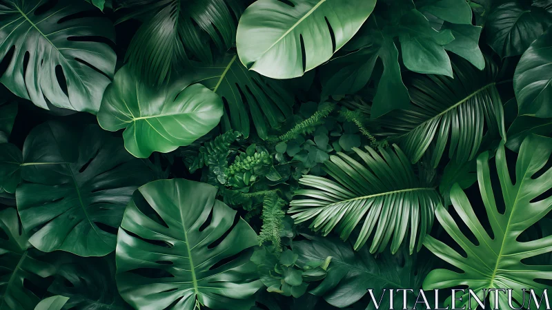 Dense tropical leaf background with layered green foliage.