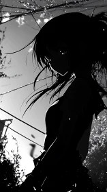 Quiet anime silhouette girl in a sunlit, windy street.