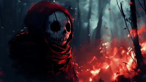 Hooded skull figure watches a burning forest glow red.