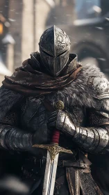 Winter-cloaked knight steadies a runebound sword between worlds