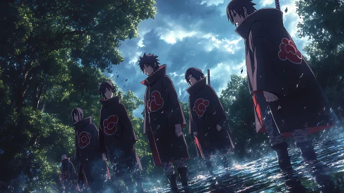 Dark cloaked anime figures stand in reflective forest water.