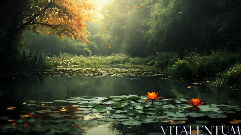 Lily pads and orange water lilies float on a calm forest pond.