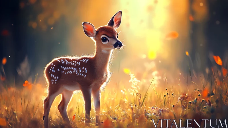 Digital painting of fawn in luminous autumn forest glade.