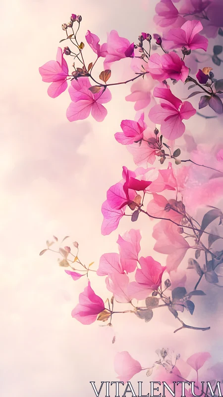 Pink flowers bloom gracefully against soft, luminous background
