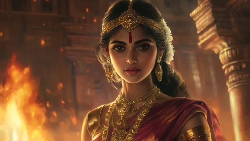 Regal Indian woman in traditional attire, dramatic fire-lit palace scene.