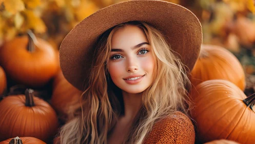 Smiling woman in hat surrounded by bright orange pumpkins.