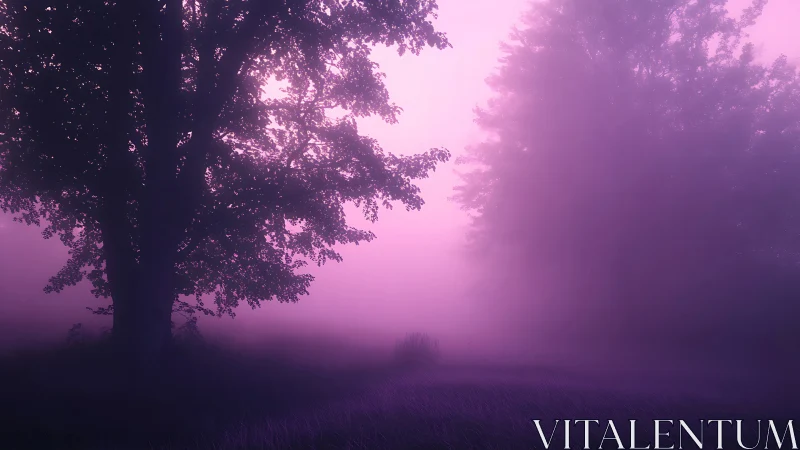Tree silhouettes in dense purple fog over grassy field.