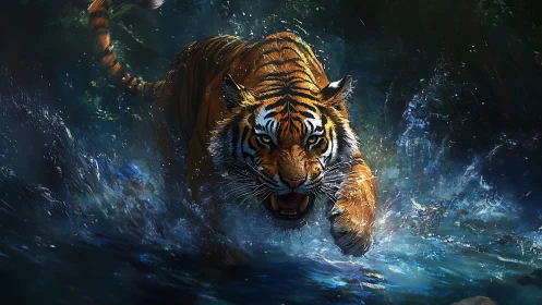 Tiger moving through shallow water in dense forest stream.