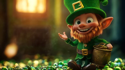 3D leprechaun character poses with metal pot on glass beads