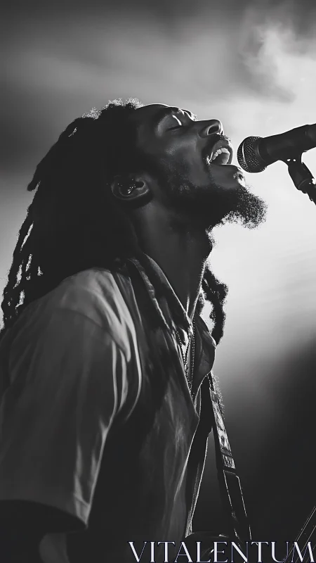 Midnight spotlight carves a singing silhouette from smoke