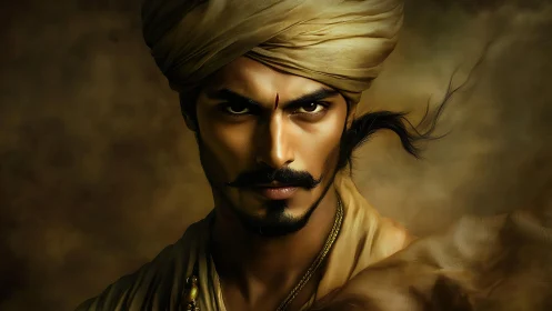 Intense warrior portrait glows in warm golden-brown light