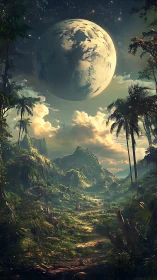 Exoplanet horizon above lush alien jungle valley at dusk