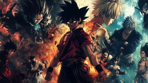 Intense anime warriors aligned for dramatic fiery standoff.