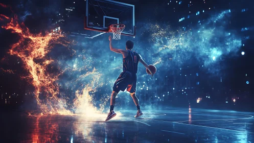 Basketball player drives toward hoop through fire and smoke
