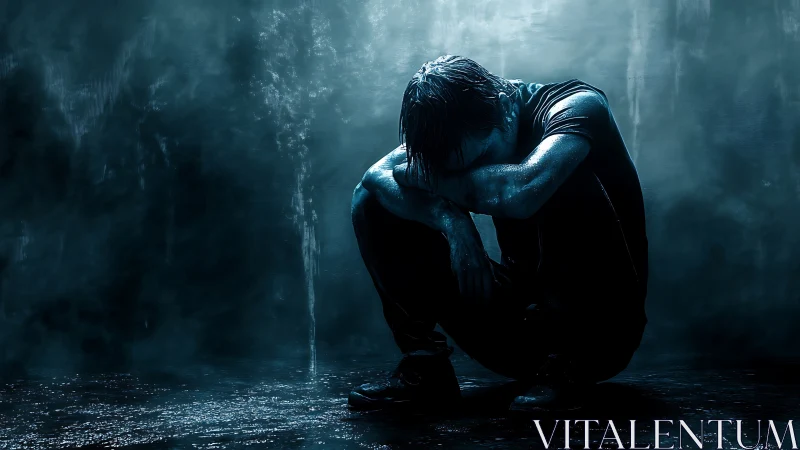 Solitary figure crouching in rain under cold blue light.