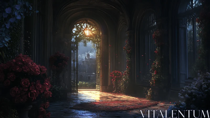 Gothic stone corridor opens onto sunlit rose garden