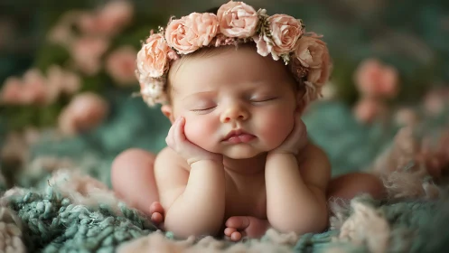 Peaceful Baby in Blossoms Wearing Floral Crown.
