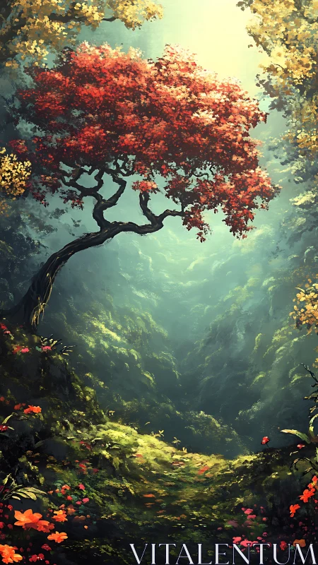 Scarlet forest tree glows above a serene hidden valley