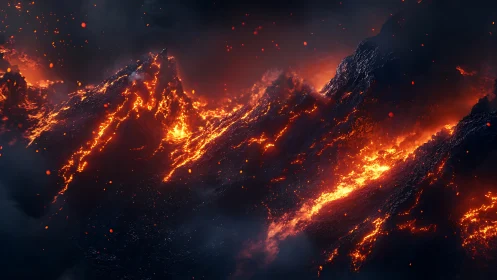 Molten Lava Flows Through Volcanic Terrain at Dusk.