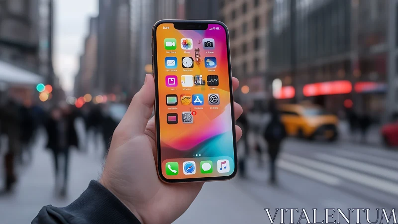 Hand holds iPhone with colorful gradient wallpaper in urban setting.